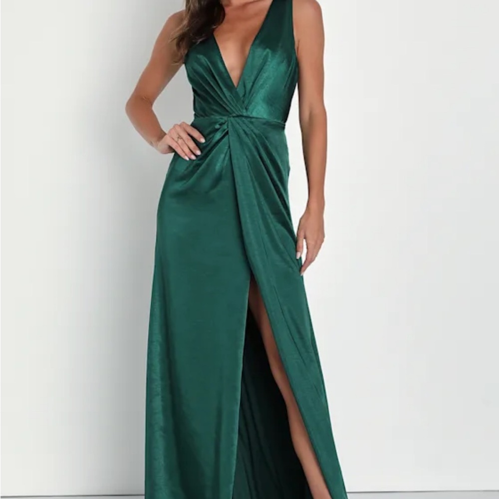 Lulus Perfect Refinement Emerald Satin Sleeveless Pleated Maxi Dress XL